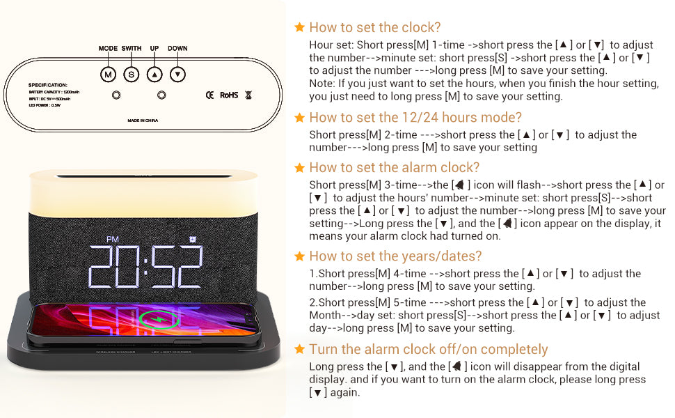 COLSUR S26 Fast Wireless Charger Alarm Clock Lamp With Brightness