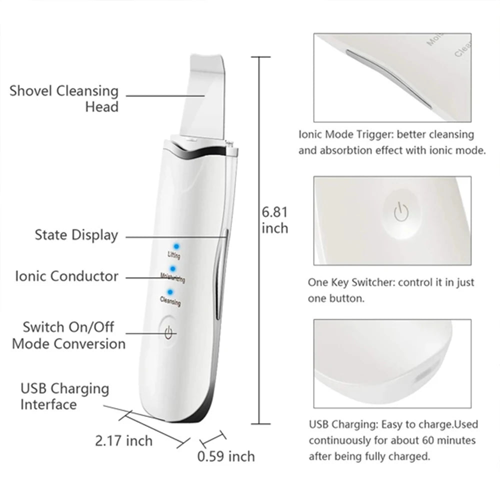Three In One Ultrasonic Skin Scrubber Facial Cleanser Blackhead Remover