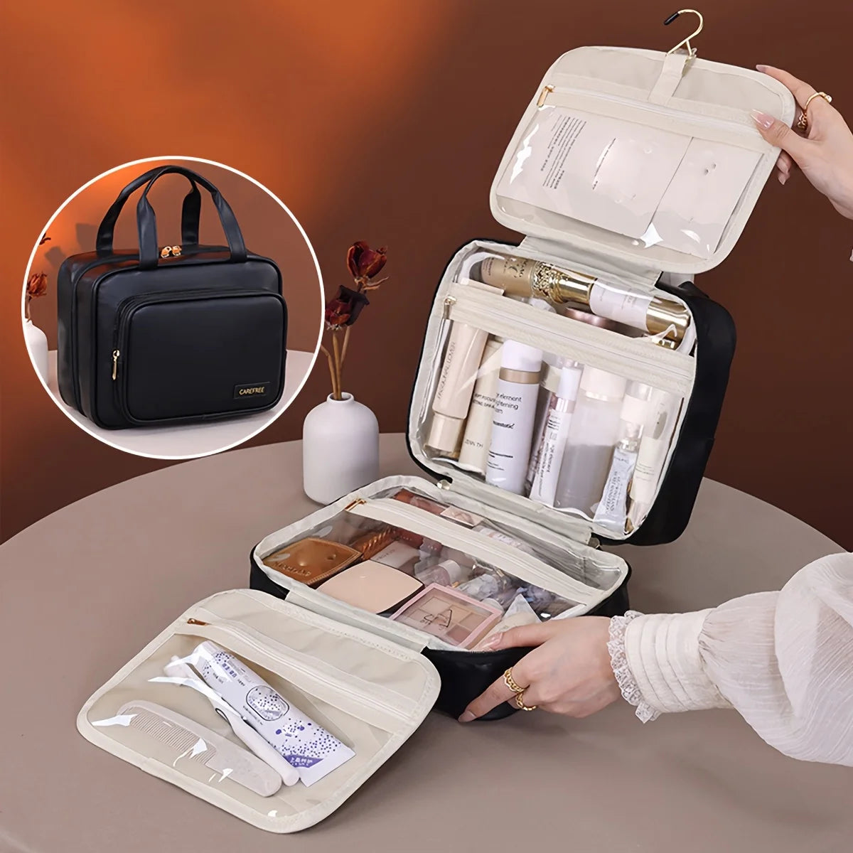 NONECN PU Leather Hanging Cosmetic Bag Women Portable Organizer