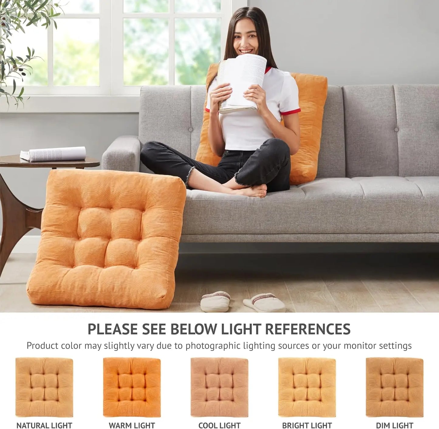 Large Square Meditation Floor Pillow Set of 2, Soft Corduroy Cushions for Living Room Balcony Outdoor Seating, Orange Yellow