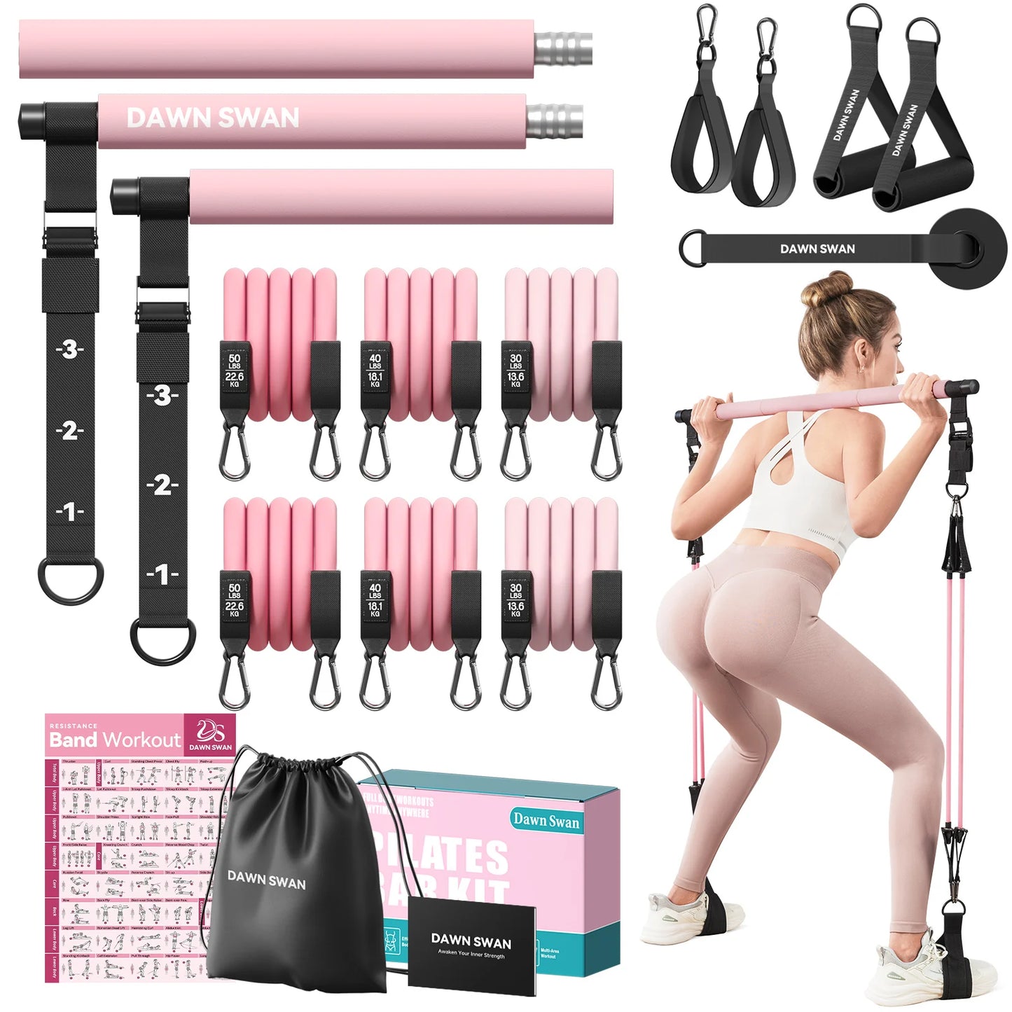 Pilates Bar Kit with Resistance Bands–Adjustable Home Gym Workout–Portable Pilates Equipment for Squats,Yoga&Full Body Toning