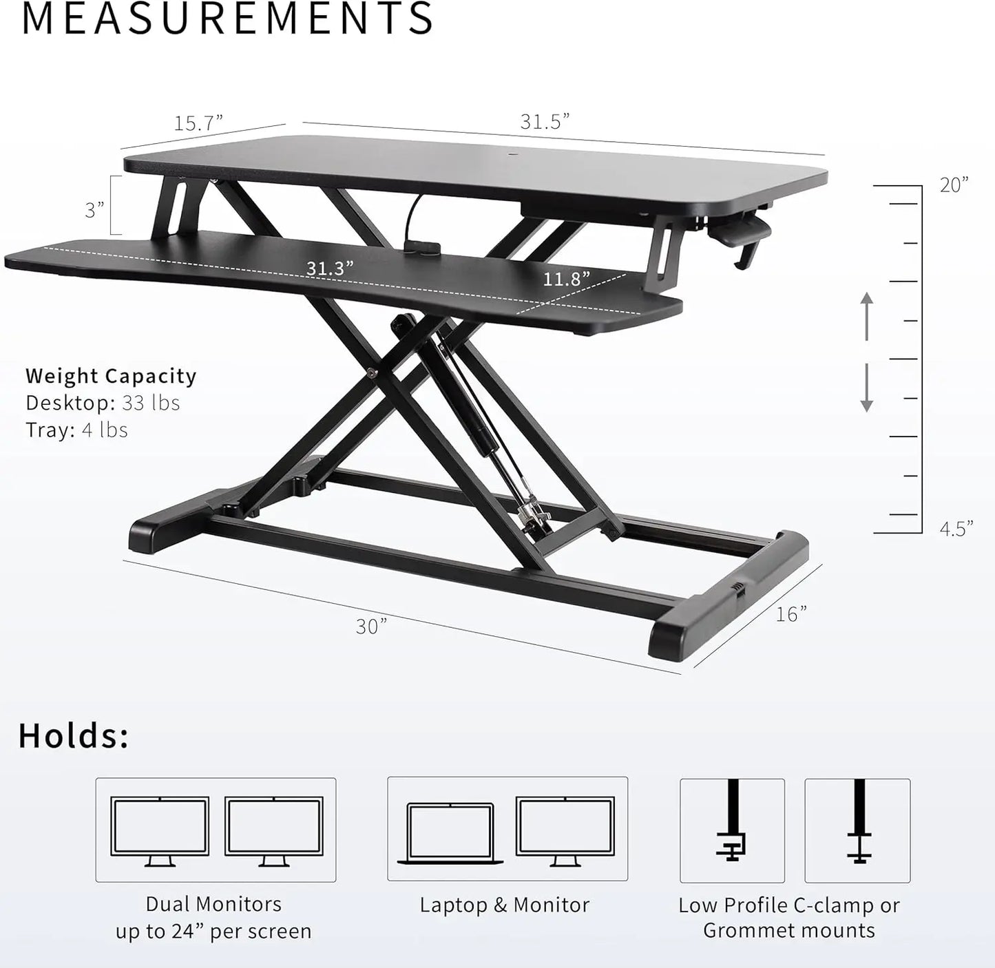 32-Inch Height Adjustable Desk Riser with Dual Monitor Space and Wide Keyboard Tray, Black