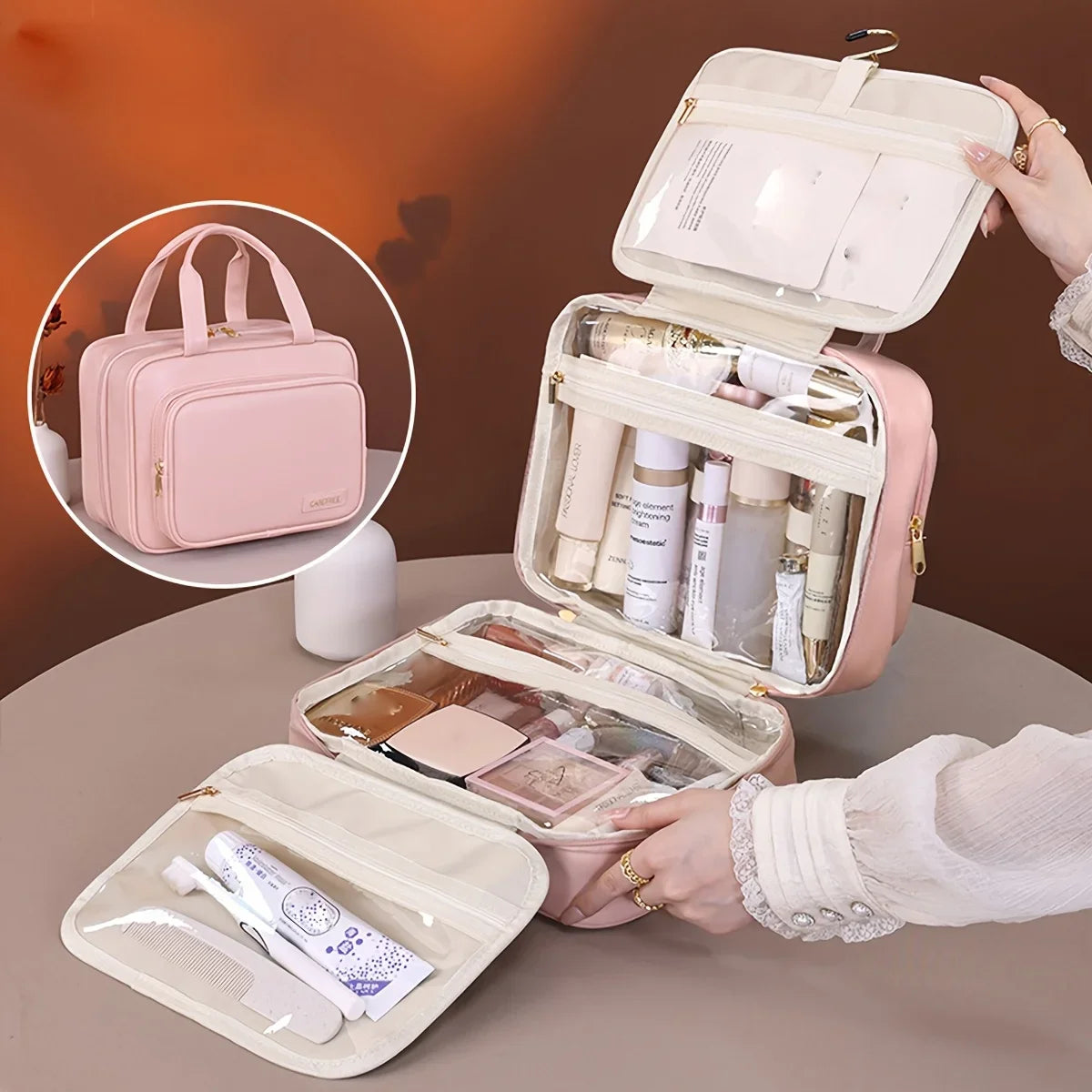 NONECN PU Leather Hanging Cosmetic Bag Women Portable Organizer