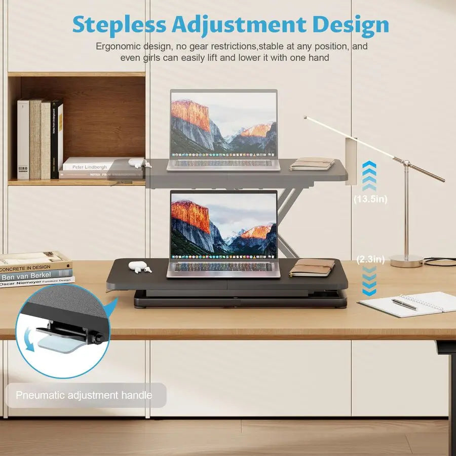 Standing Desk Converter with Stepless Adjustment, Ergonomic Sit Stand Riser for Laptop amp Keyboard, Gas Spring Stand Up Desk Ri