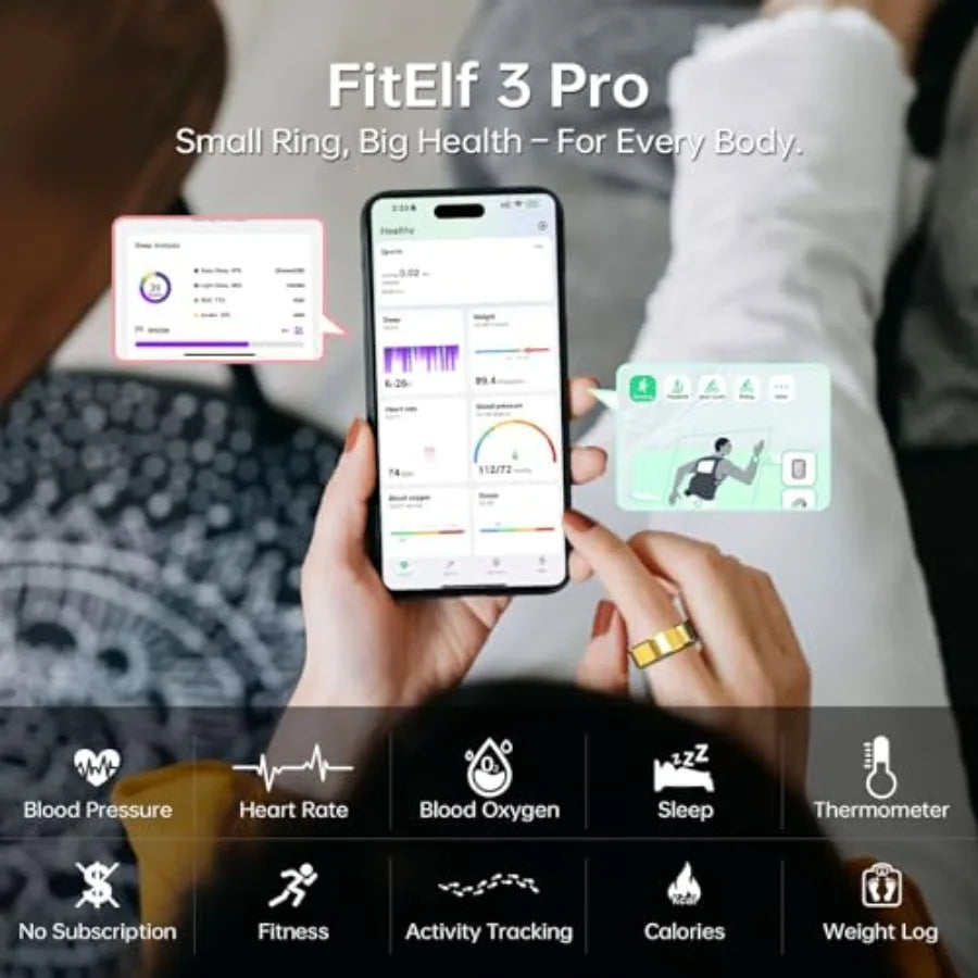 FitElf 3 Pro Smart Ring Fitness Tracker Health Sleep Monitor with Blood Pressure Heart Rate Oxygen Monitoring for Women Men Gol