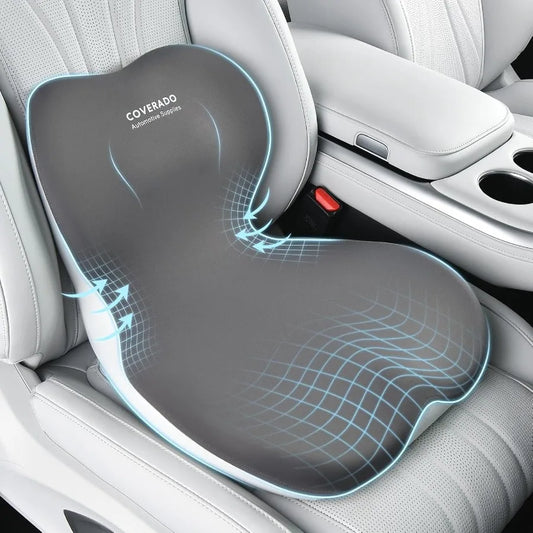 Car Seat Cushion and Lumbar Support Pillow One Piece Memory Foam Ergonomic Back Support Driving Seat Cushion for Back Pain Non-