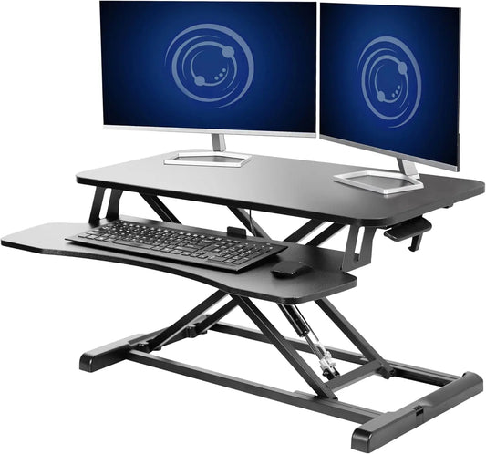 32-Inch Height Adjustable Desk Riser with Dual Monitor Space and Wide Keyboard Tray, Black