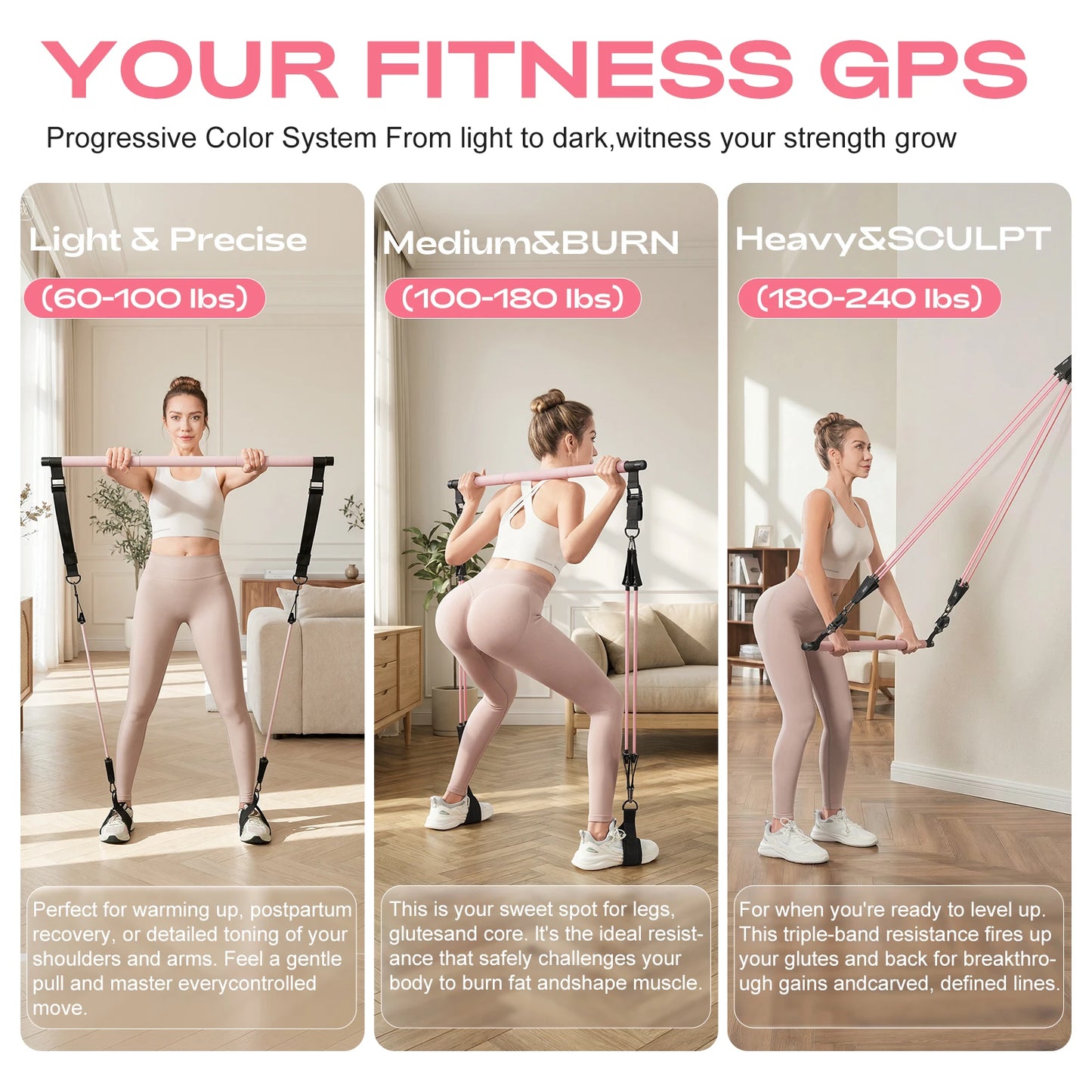 Pilates Bar Kit with Resistance Bands–Adjustable Home Gym Workout–Portable Pilates Equipment for Squats,Yoga&Full Body Toning