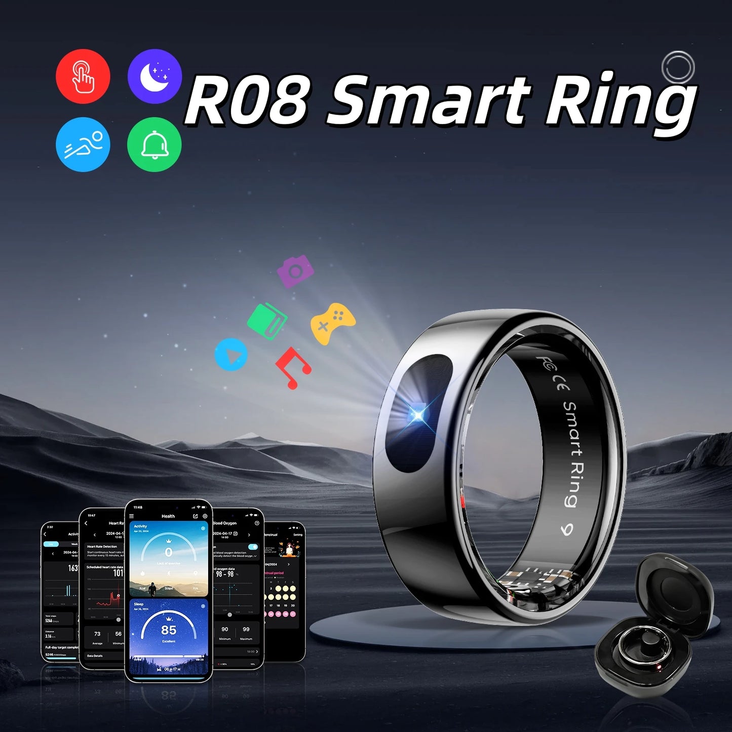 Govllfoz R08 Smart Ring Heart Rate Monitoring With Charging Case