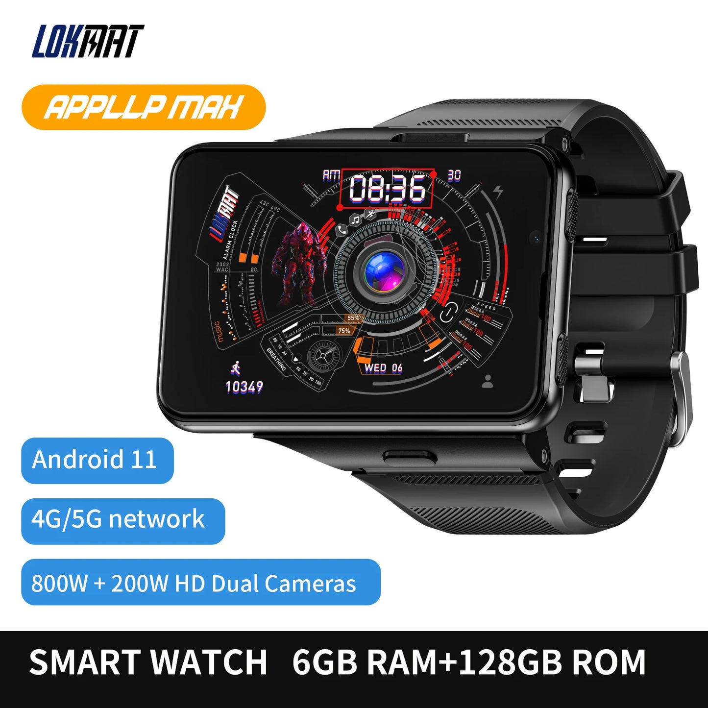 LOKMAT Android Smartwatch 4G Phone Dual Cameras Heart Rate Monitor