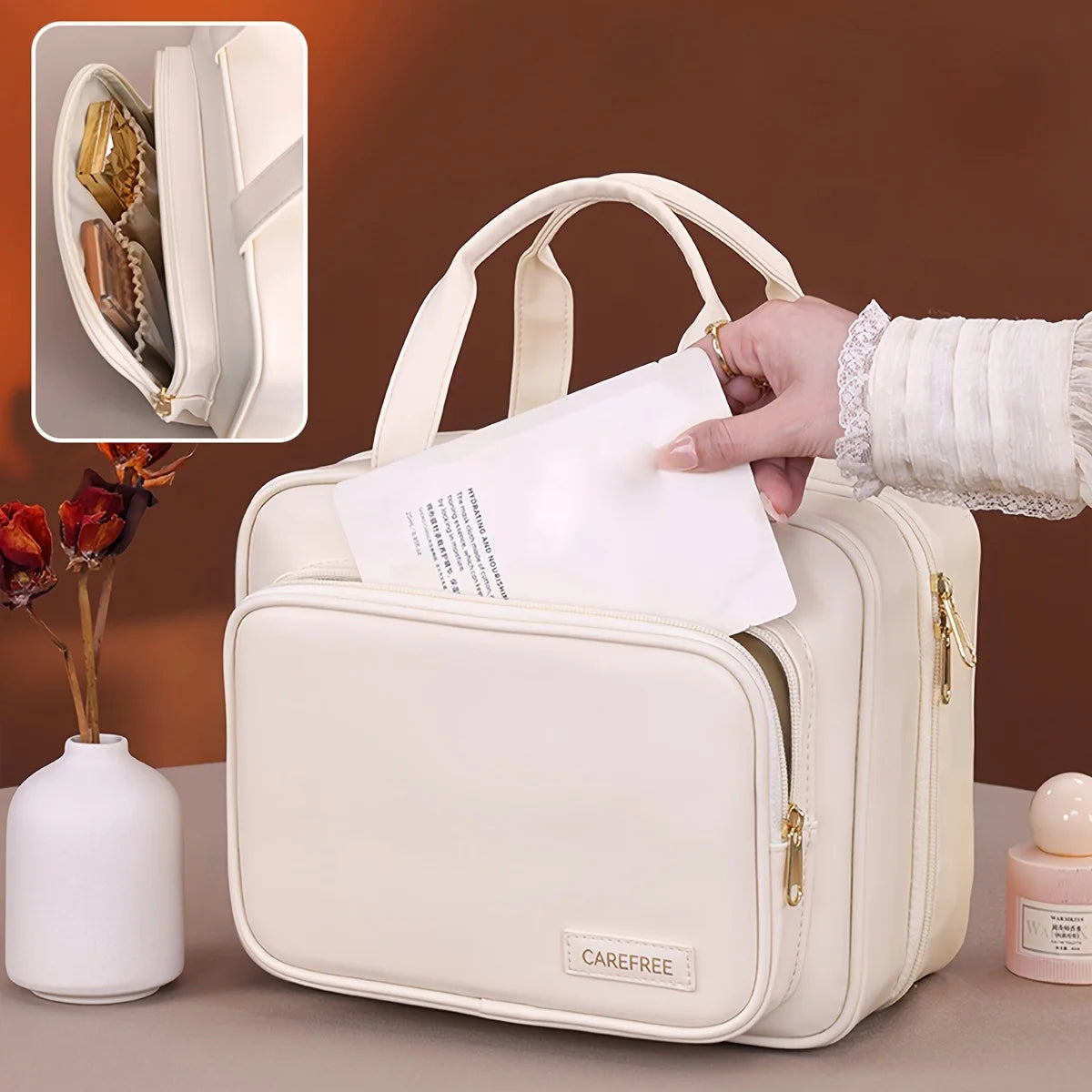 NONECN PU Leather Hanging Cosmetic Bag Women Portable Organizer