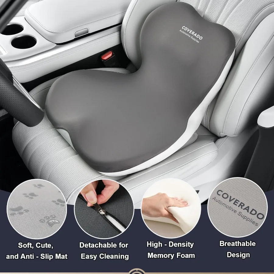 Car Seat Cushion and Lumbar Support Pillow One Piece Memory Foam Ergonomic Back Support Driving Seat Cushion for Back Pain Non-
