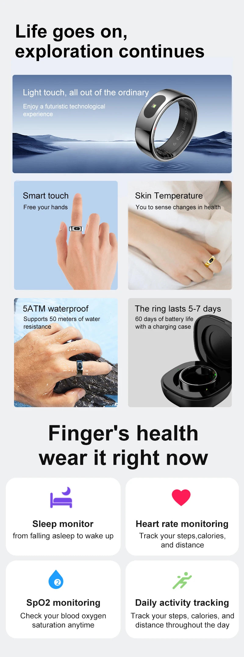 Govllfoz R08 Smart Ring Heart Rate Monitoring With Charging Case